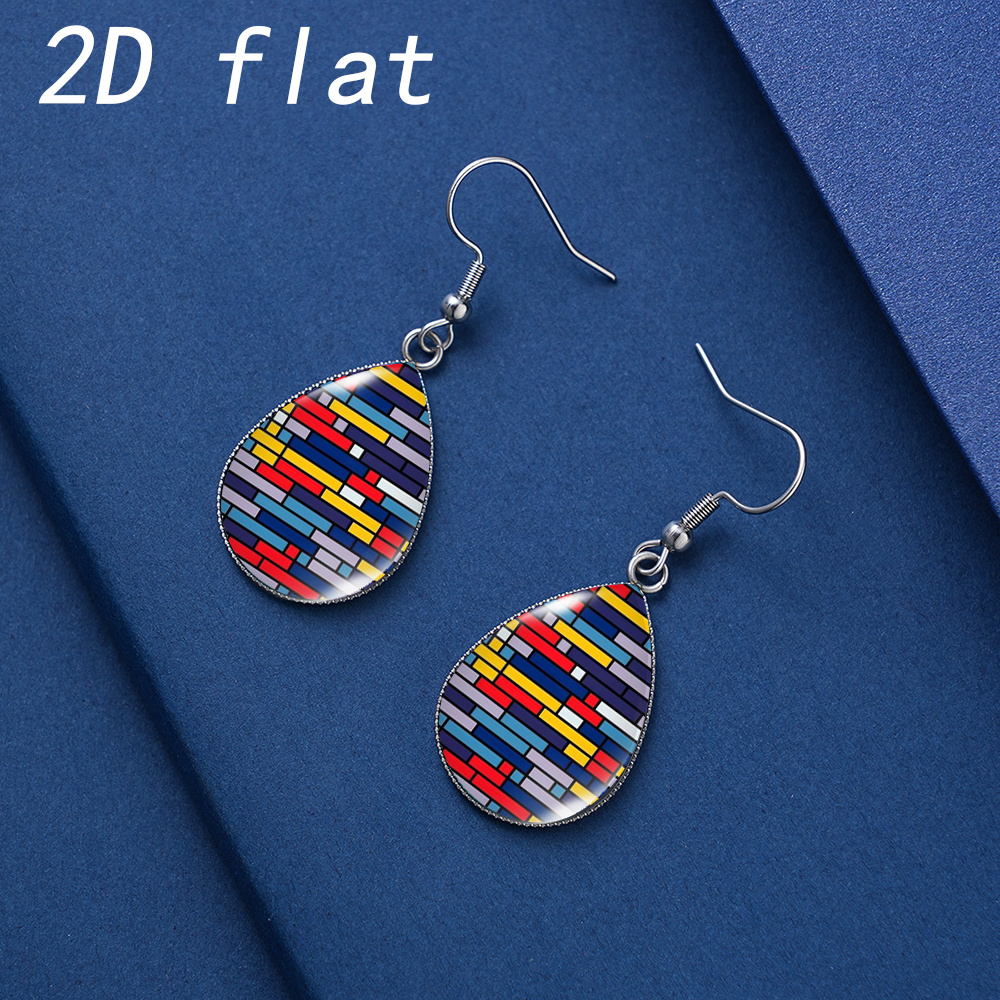 Colorful Geometric Brick Pattern Faux Gemstone Glass Teardrop Earrings